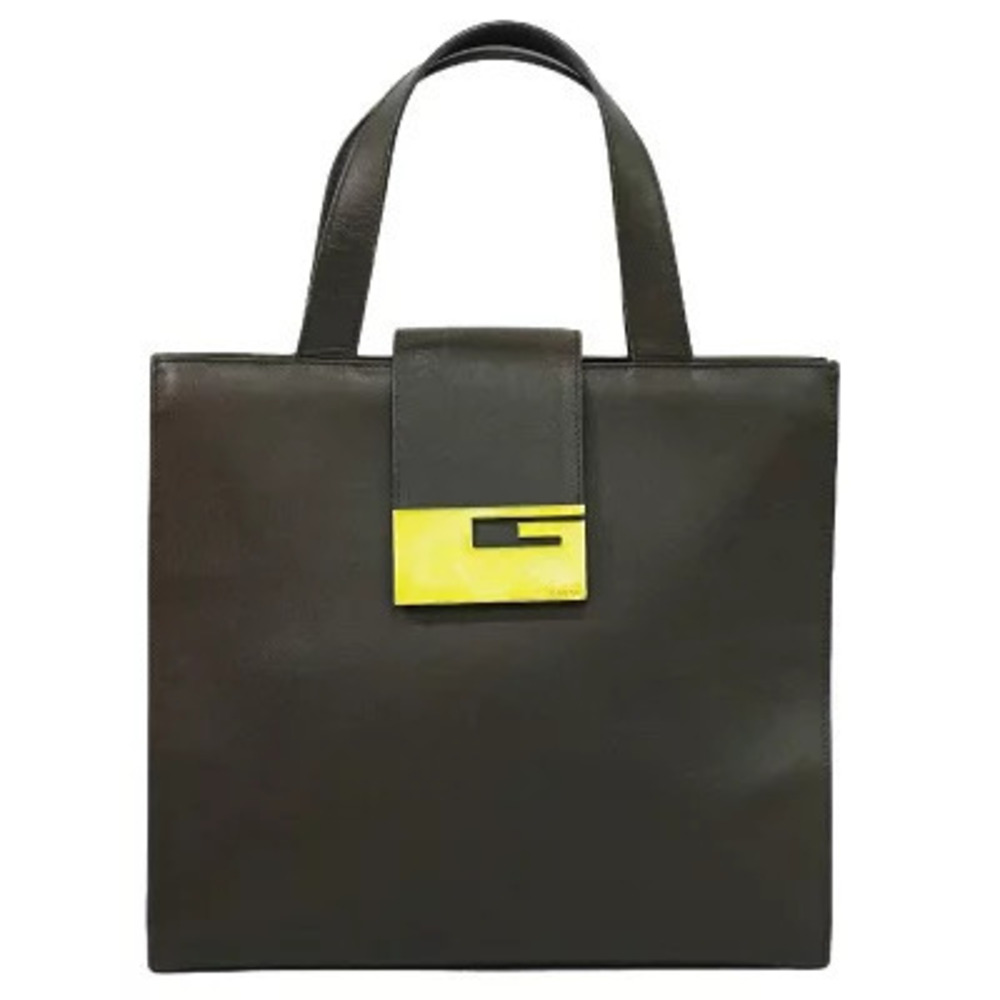 Gucci G Plate Leather Tote Bag Black Brown